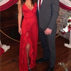 Luxxel Red Ruffled V-Neck Prom Dress